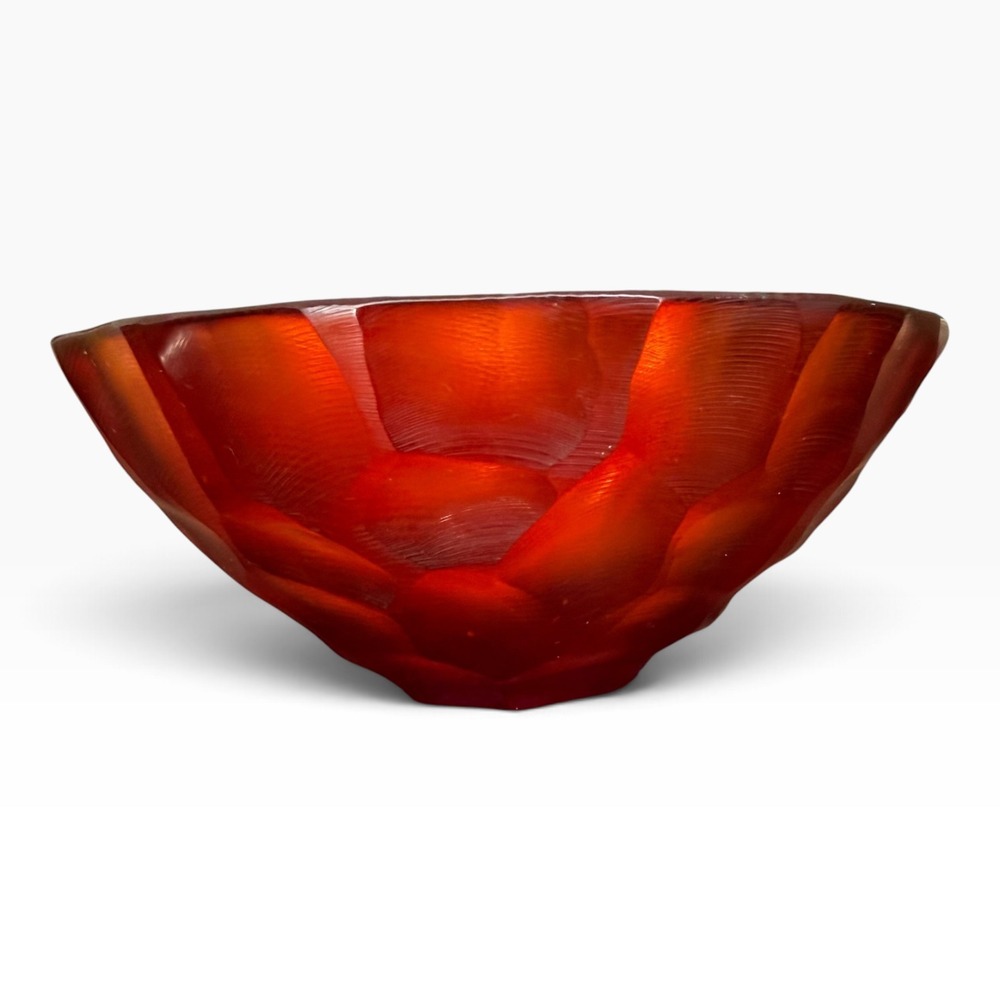 Vintage Faceted Acrylic Studio Art Bowl Amber Ruby Red Textured Centerpiece